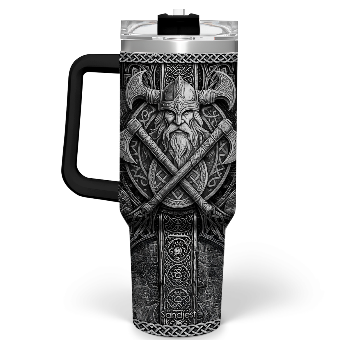 Black 40oz tumbler with handle, clear lid, Viking face graphic in silver tones