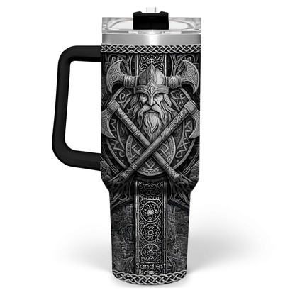 Black 40oz tumbler with handle, clear lid, Viking face graphic in silver tones