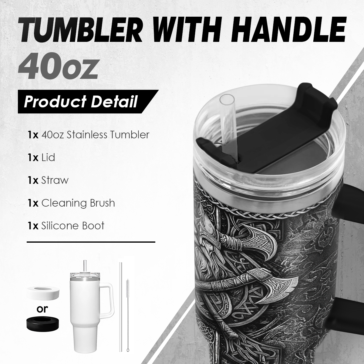 Black-handled 40oz tumbler with clear lid and Viking armor graphic, open drinking top