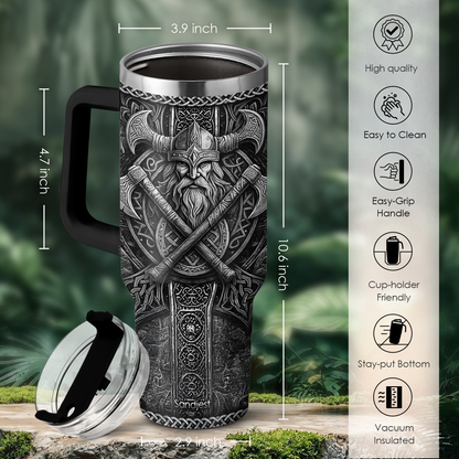 Black 40oz tumbler with handle, clear lid, vertical Viking engraving-style artwork