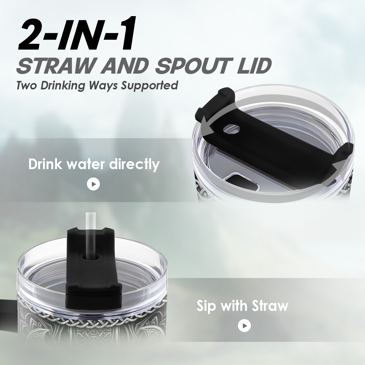 Black-handled 40oz tumbler with clear 2-in-1 straw-and-spout lid, Viking design