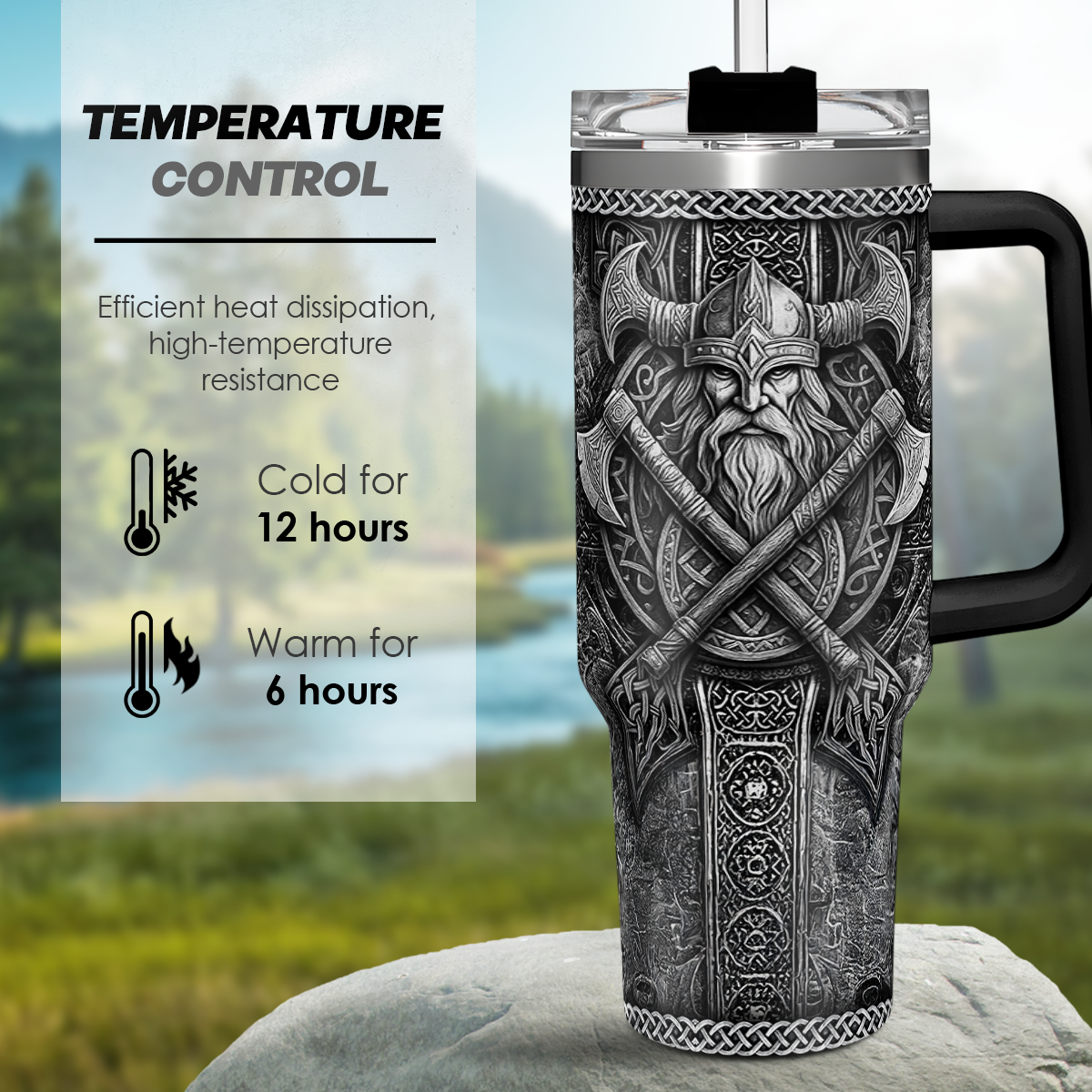 Black 40oz tumbler with handle, clear lid, detailed Viking face graphic on front