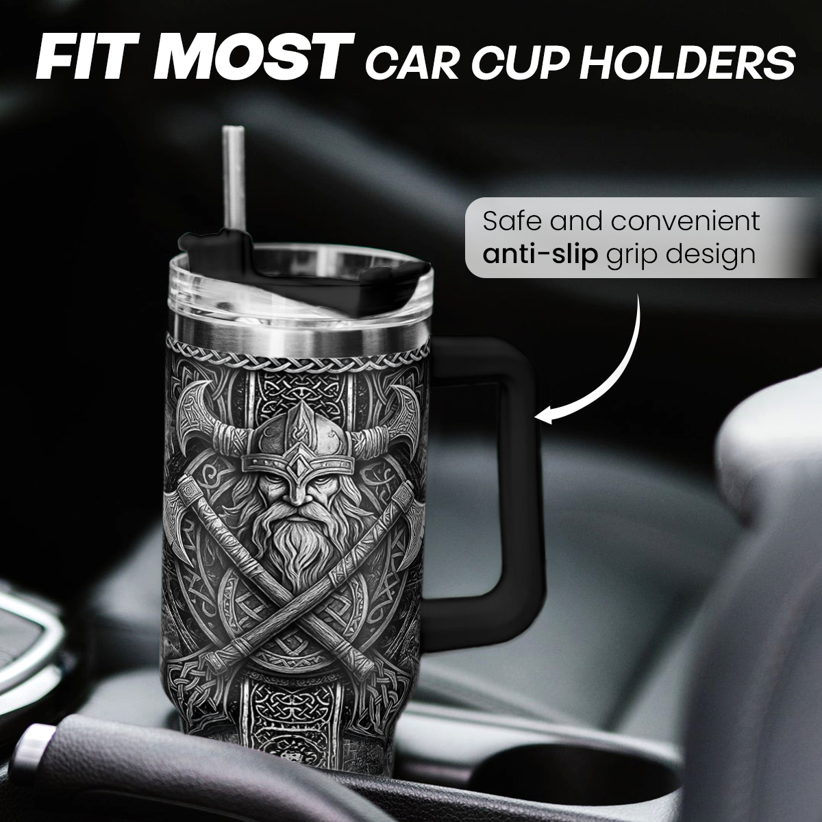 Black-handled tumbler with Viking graphic, fitted in a cup holder with secure grip