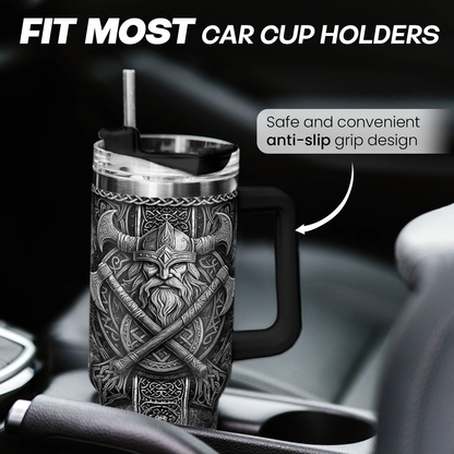 Black-handled tumbler with Viking graphic, fitted in a cup holder with secure grip