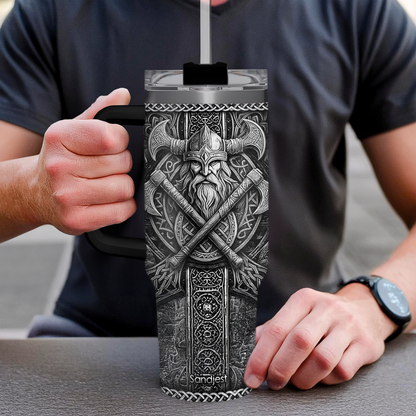 Black 40oz tumbler with handle and clear lid, Viking face print held by hands