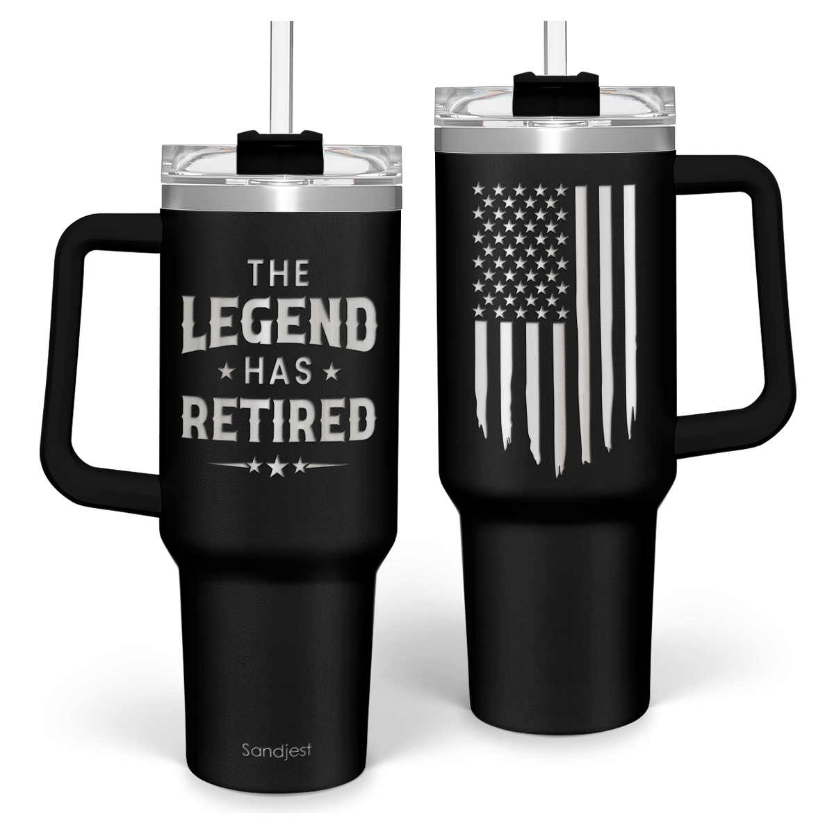 Black 40oz insulated tumbler with handle and lid, American flag graphic and “The Legend Has Retired”