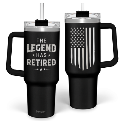 Black 40oz insulated tumbler with handle and lid, American flag graphic and “The Legend Has Retired”