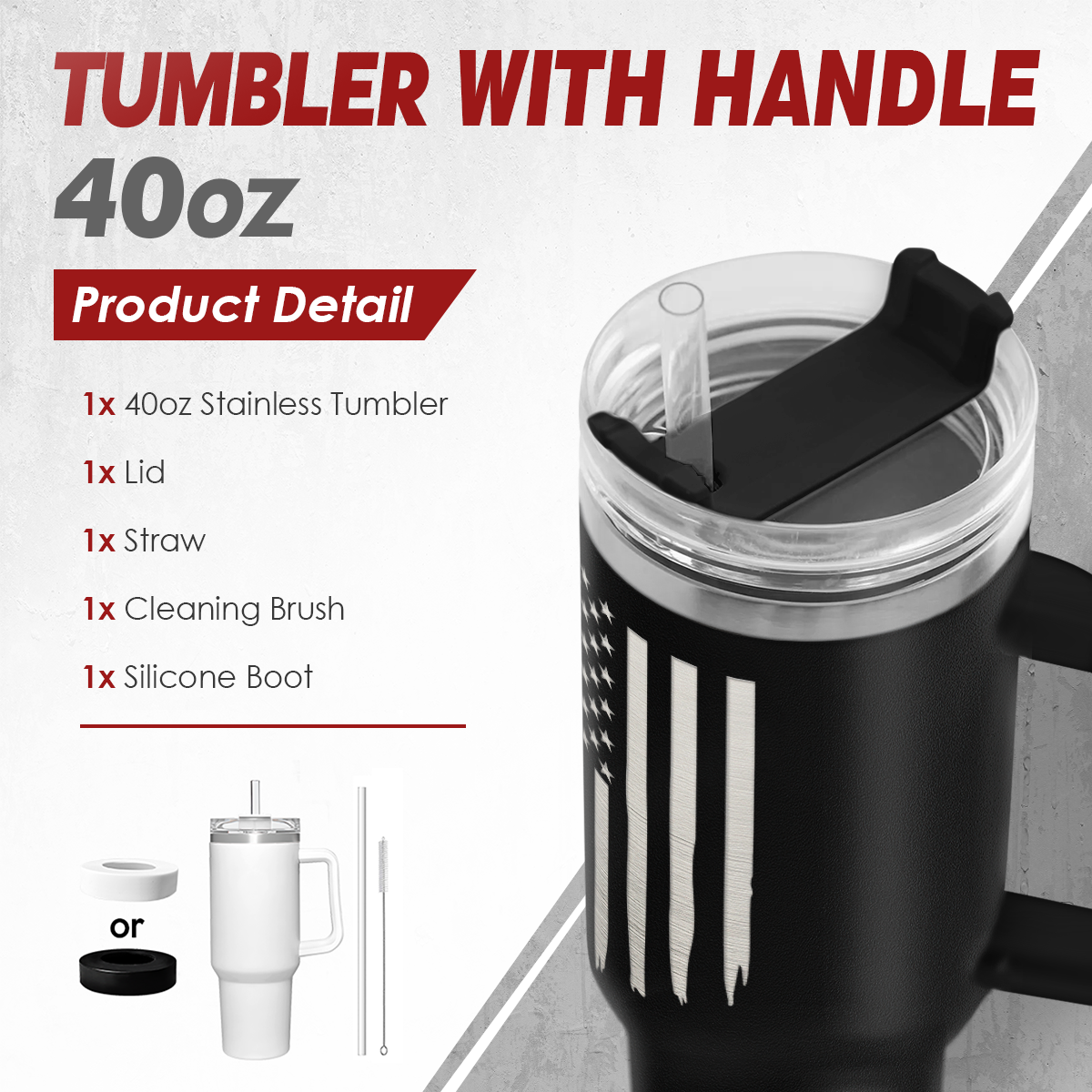 Black 40oz tumbler with handle and clear lid, American flag graphic on front