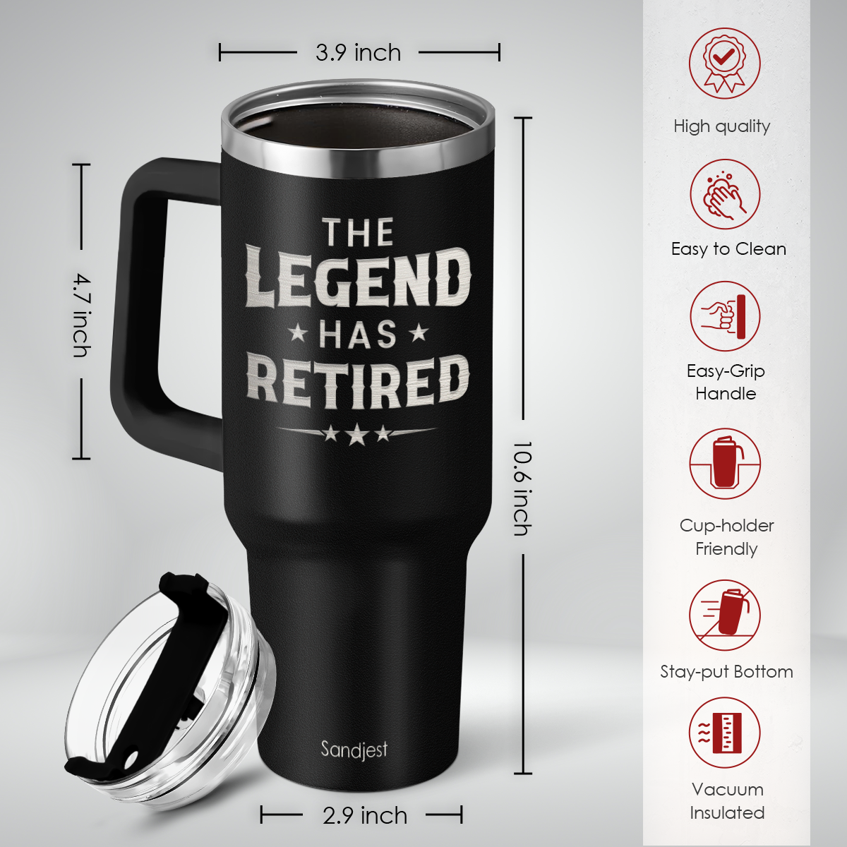 Black 40oz tumbler with handle and lid, “The Legend Has Retired” front design