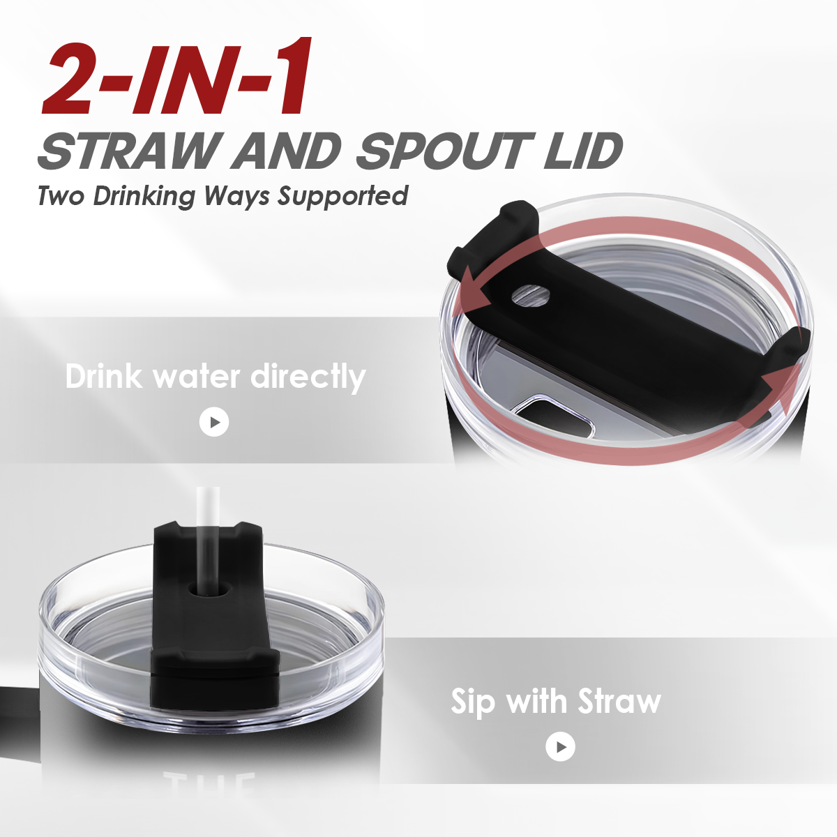 Black 40oz tumbler lid close-up with straw spout and drinking opening
