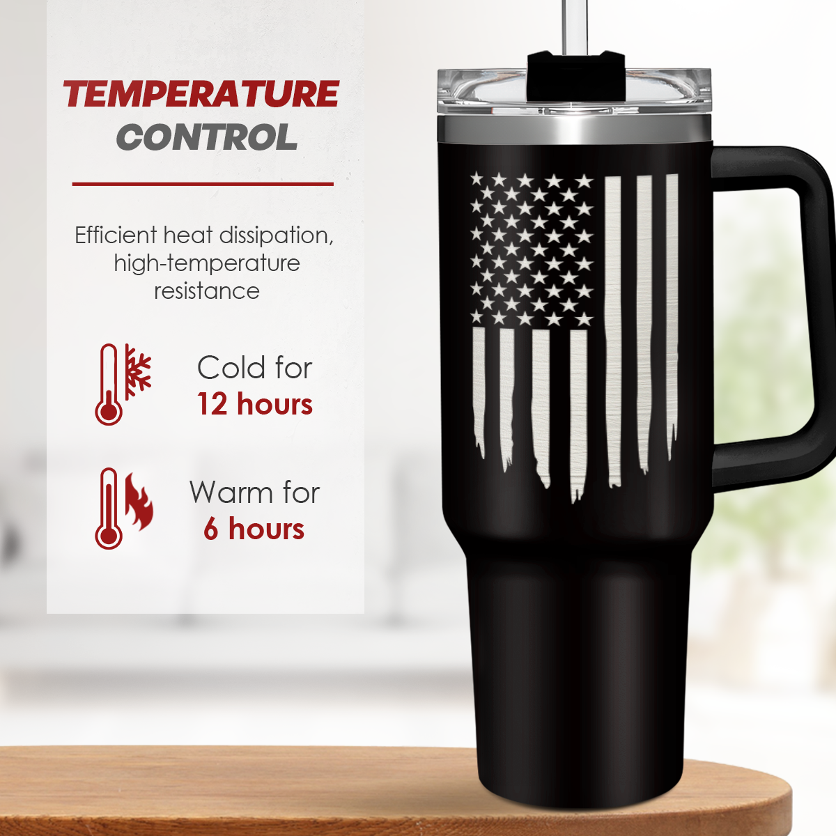 Black 40oz insulated tumbler with handle and lid, American flag graphic front