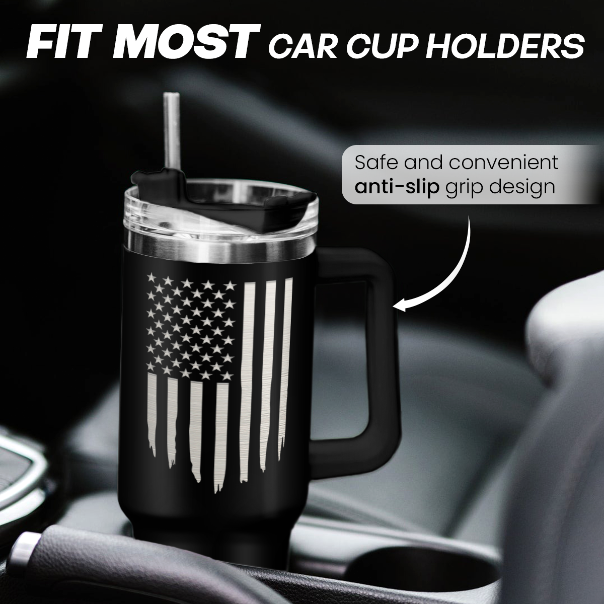 Black 40oz tumbler with handle shown in a car cup holder, anti-slip grip design