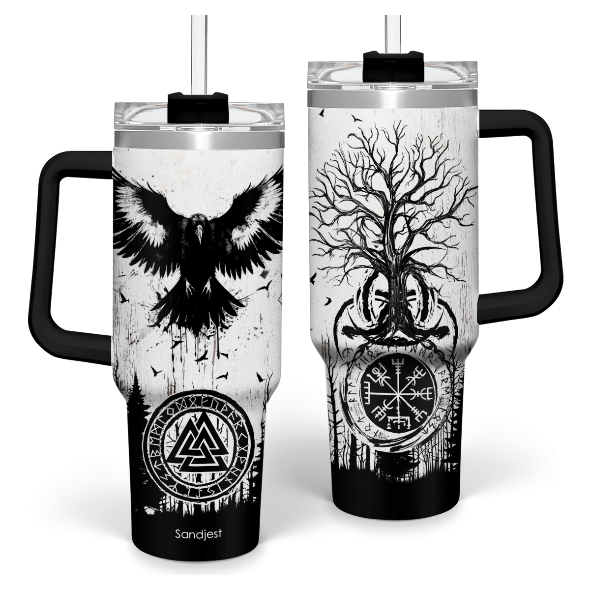40oz stainless steel tumbler with handle, black lid, white owl graphic on sides