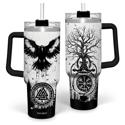 40oz stainless steel tumbler with handle, black lid, white owl graphic on sides