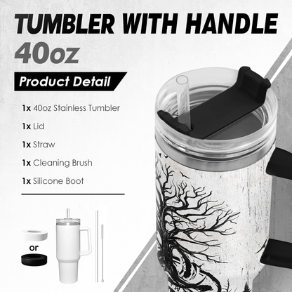 Stainless steel tumbler with handle and black lid, white owl graphic detail