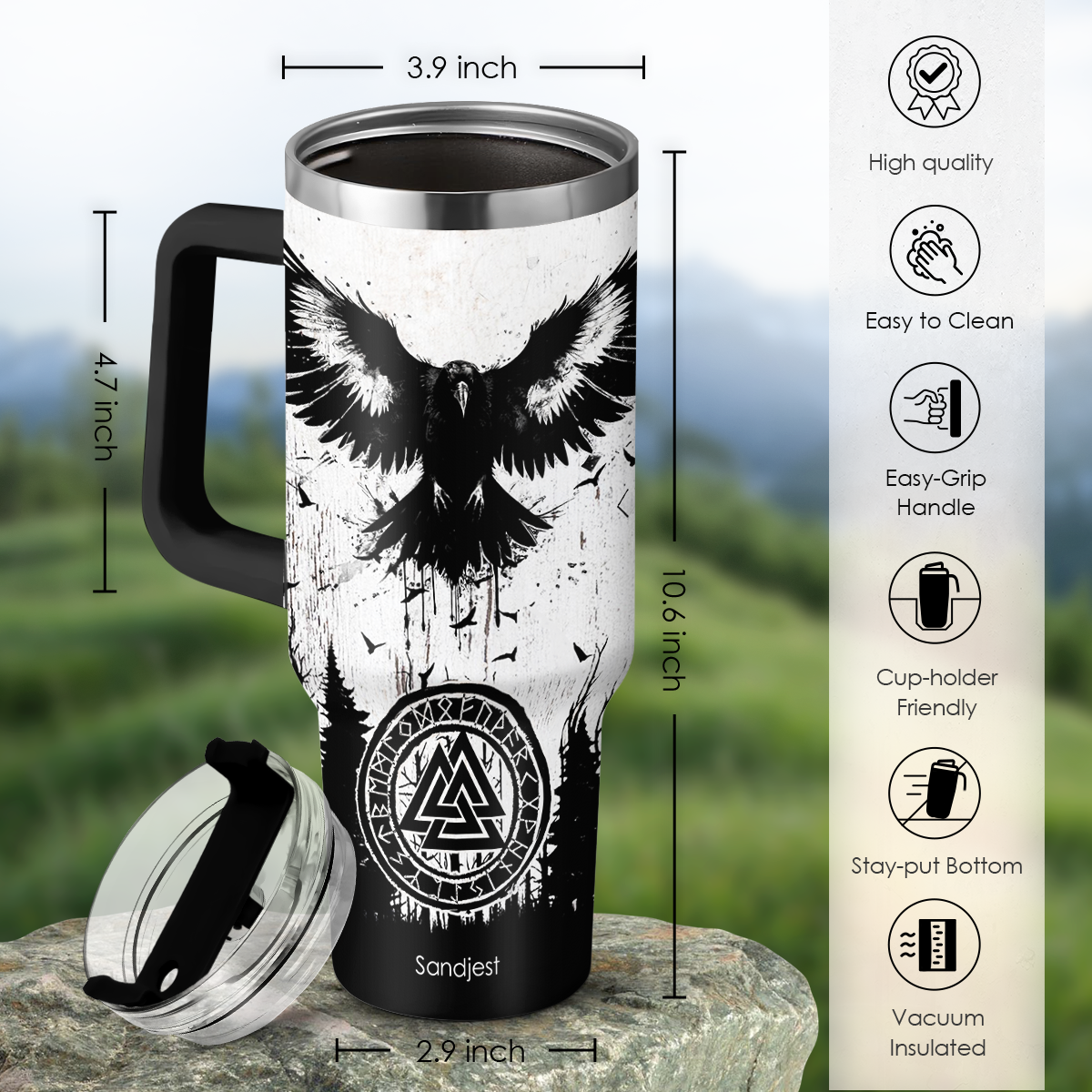 White and black 40oz tumbler with handle and lid, plus spare straw and boot