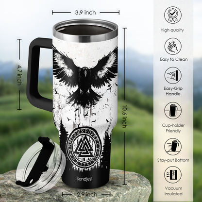 White and black 40oz tumbler with handle and lid, plus spare straw and boot