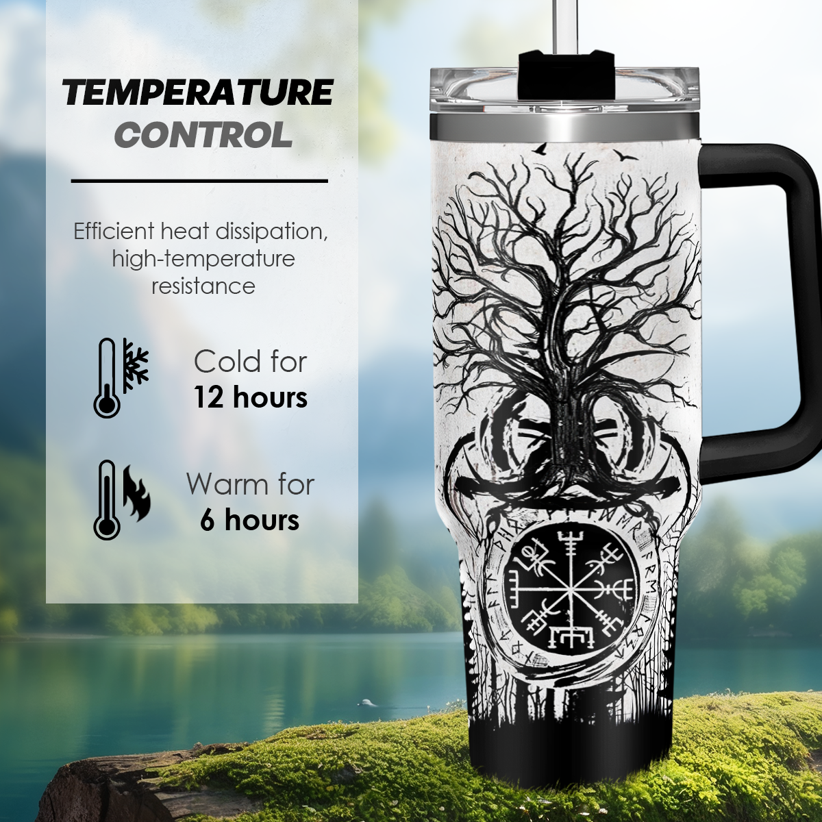 40oz stainless steel tumbler with handle and black lid, tree and compass artwork