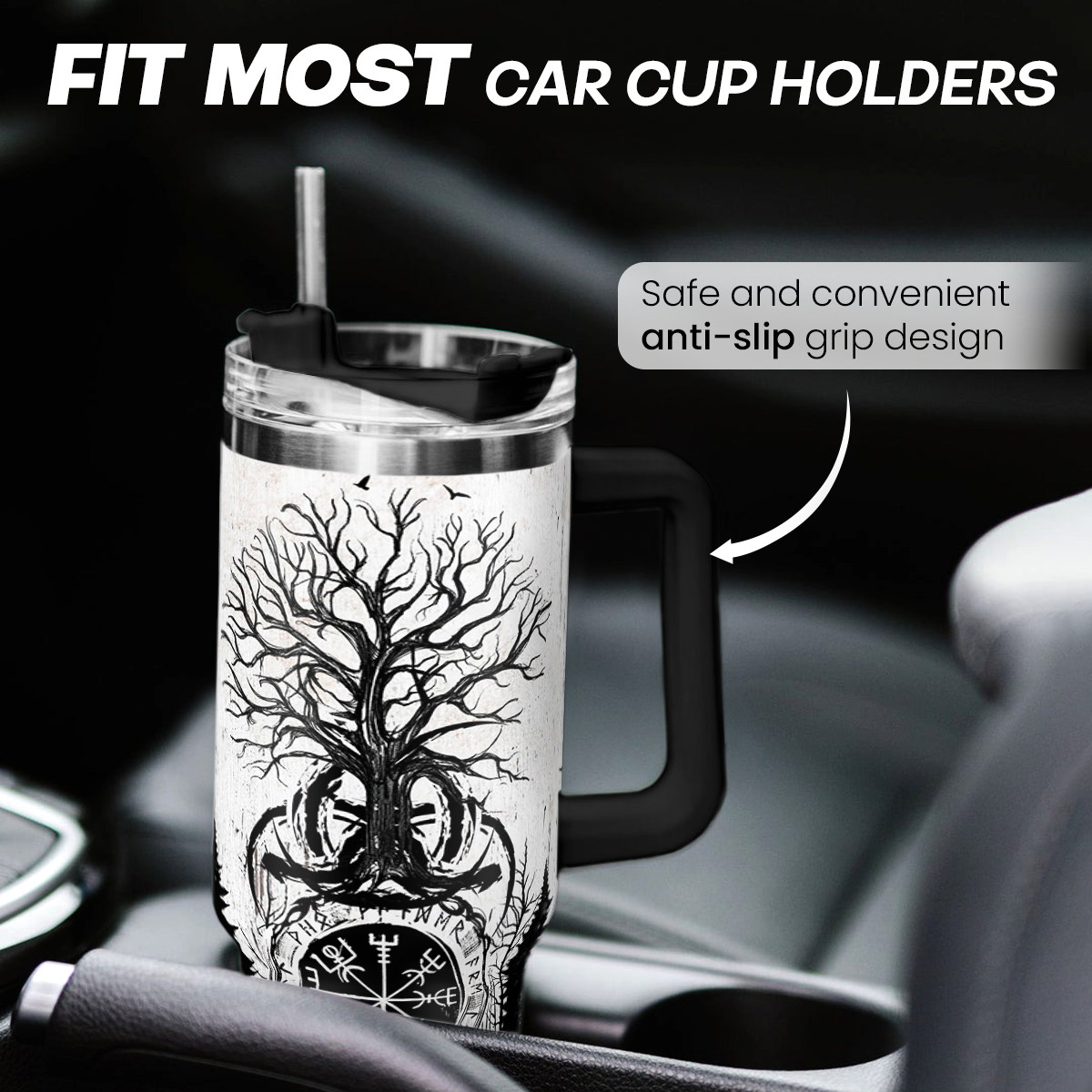 Stainless steel tumbler with handle, black lid, tree graphic and compass design