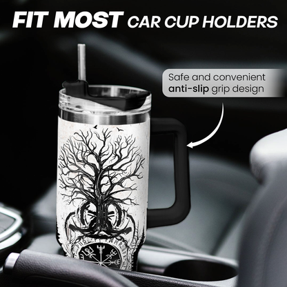 Stainless steel tumbler with handle, black lid, tree graphic and compass design