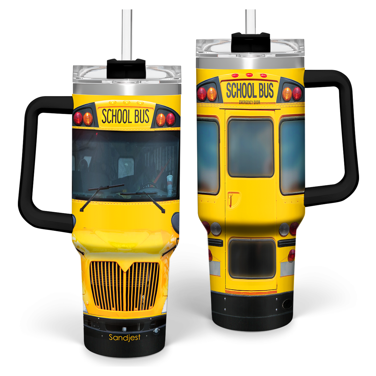 Yellow school bus graphic tumbler with black handle, clear lid, and straw