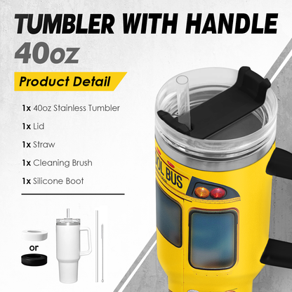 Yellow bus-themed quencher tumbler with black handle and clear push-on lid