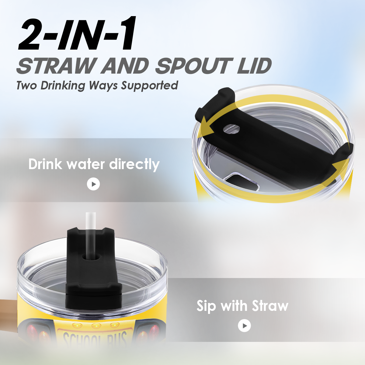 Transparent lid with black straw and spout on yellow school bus tumbler