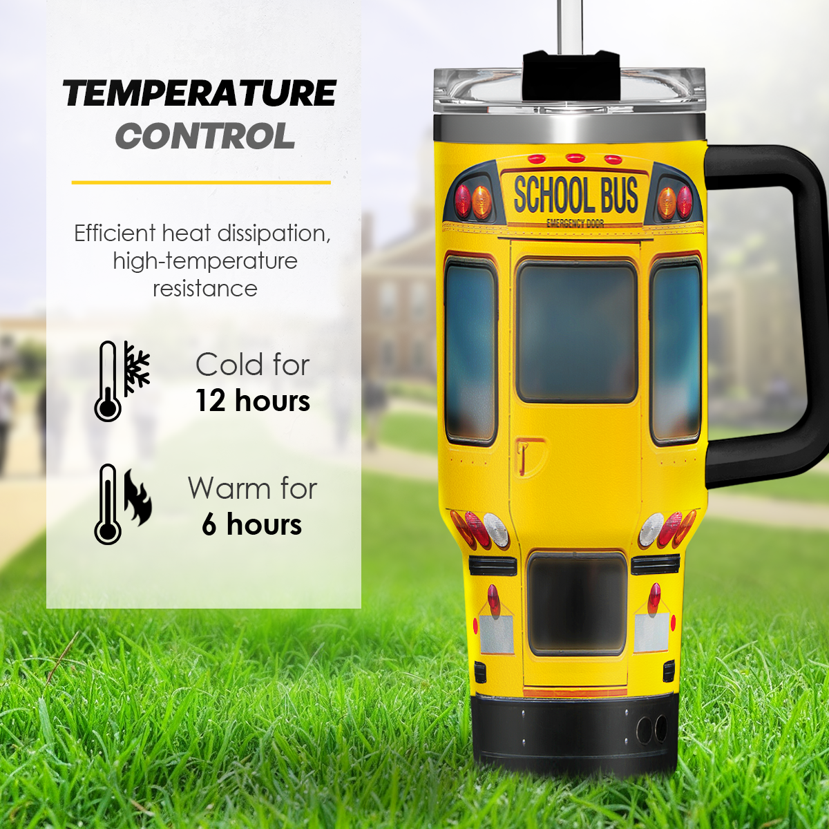 Yellow school bus tumbler with black handle and clear lid standing upright