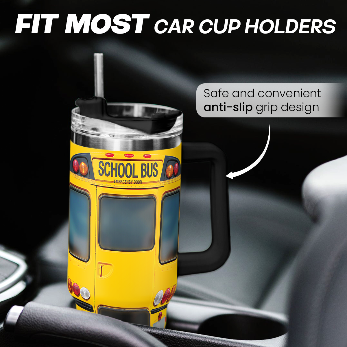 Yellow school bus tumbler with clear lid and black handle, ready to sip