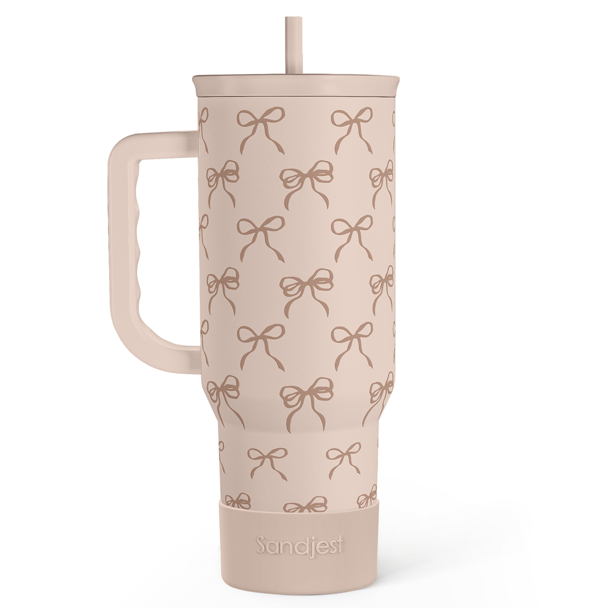 Bow-pattern slide-lid tumbler with handle, light tan and brown bows, 40oz