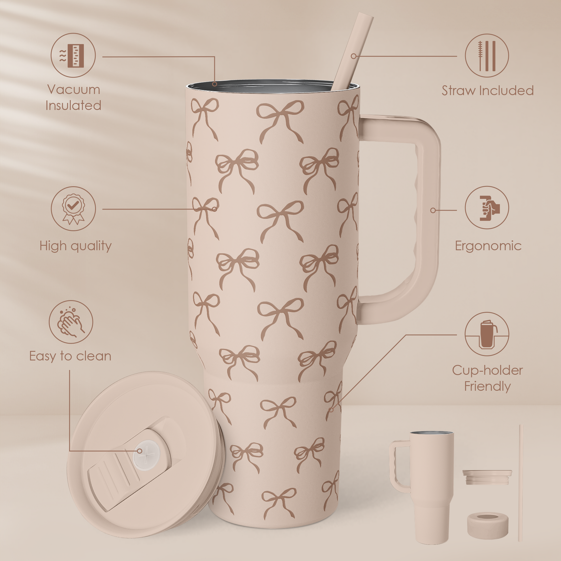 Light tan bow-pattern tumbler with handle and straw included, slide-lid top