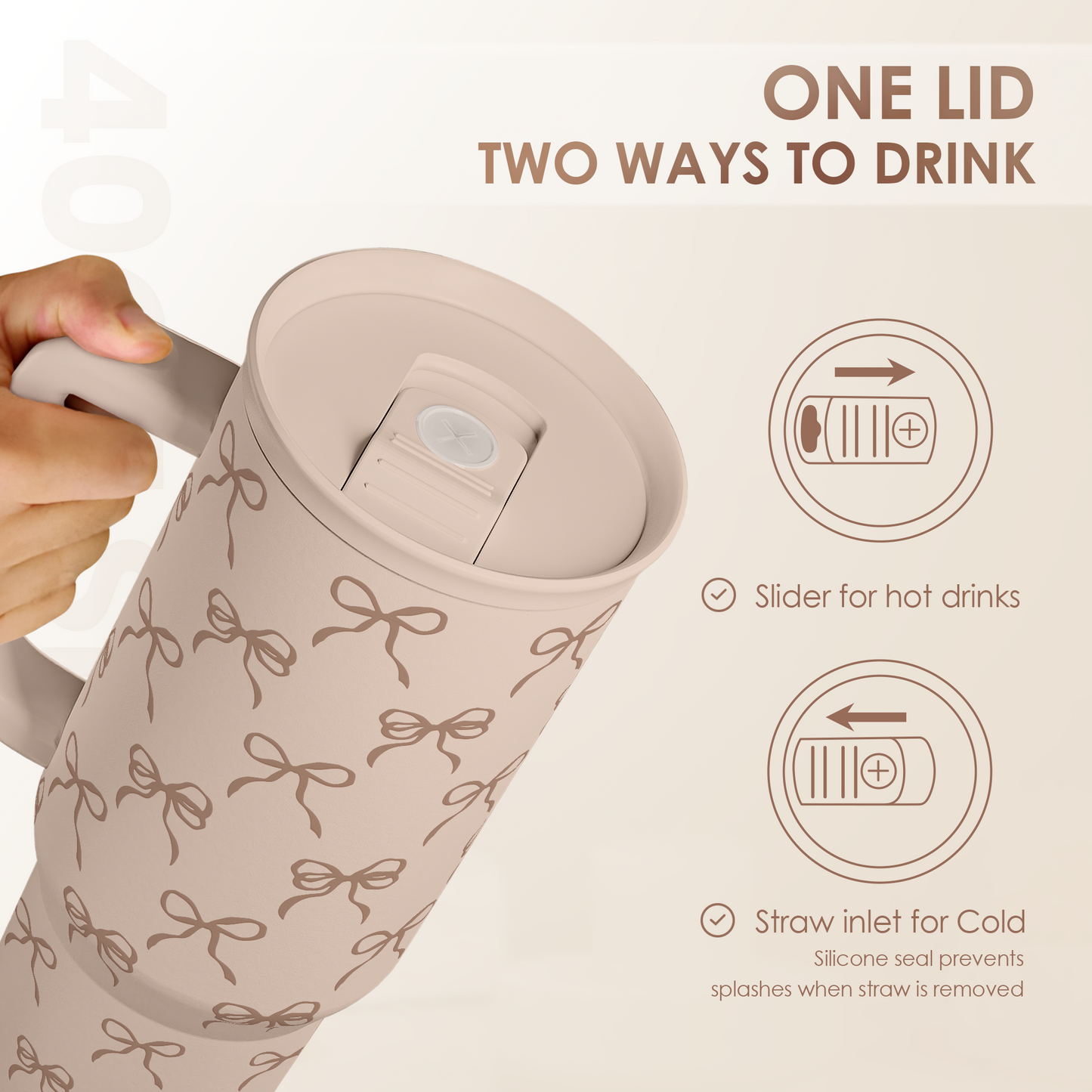 Light tan bow-pattern tumbler showing lid opening and straw slot, slide mechanism