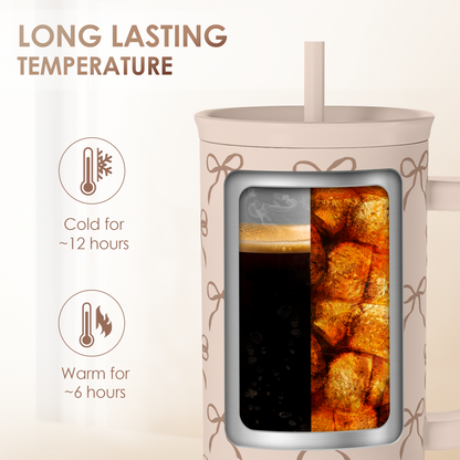 Insulated light tan tumbler with brown bow pattern and straw, hot and cold views