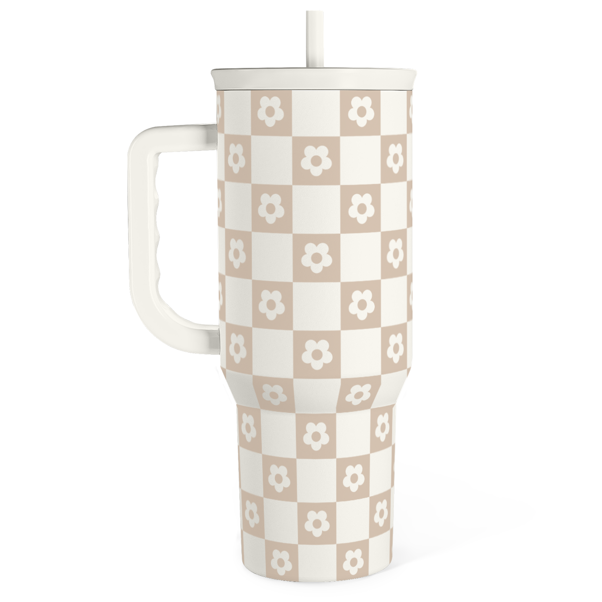 40oz slider tumbler with handle, brown and white checkered daisy pattern