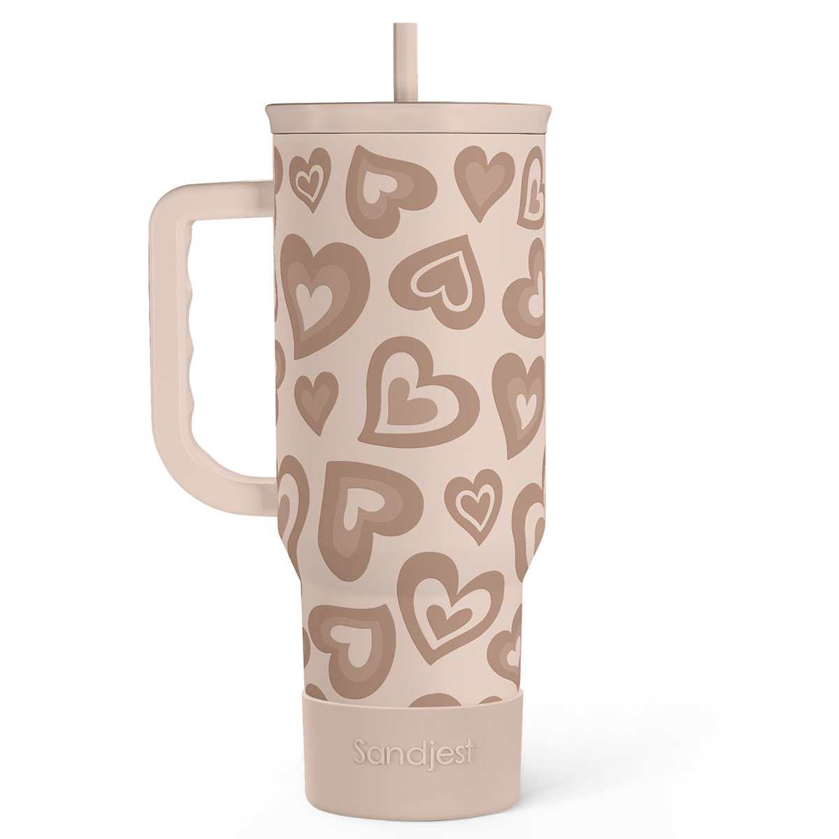 40oz brown tumbler with heart pattern, handle, and straw lid