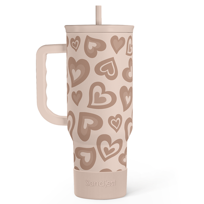 40oz brown tumbler with heart pattern, handle, and straw lid