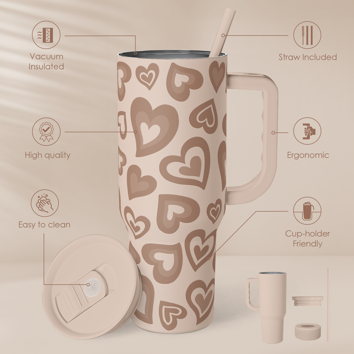 Brown heart-pattern insulated tumbler with handle and straw, slider lid