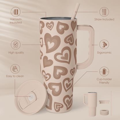 Brown heart-pattern insulated tumbler with handle and straw, slider lid