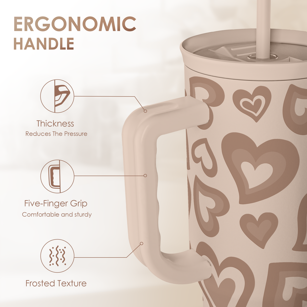 Brown heart-pattern tumbler with ergonomic handle grip