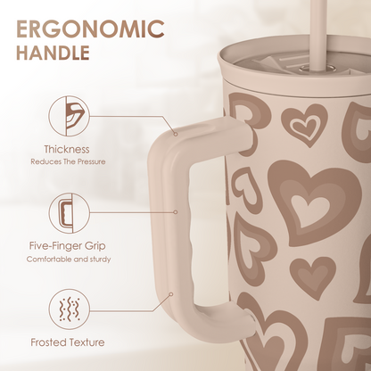 Brown heart-pattern tumbler with ergonomic handle grip