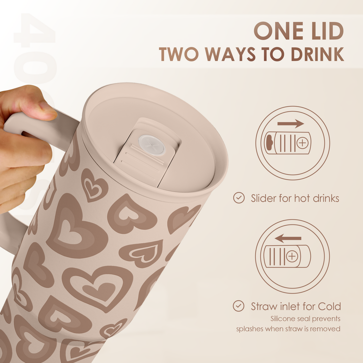 Brown heart-pattern tumbler with slider lid and straw drinking opening