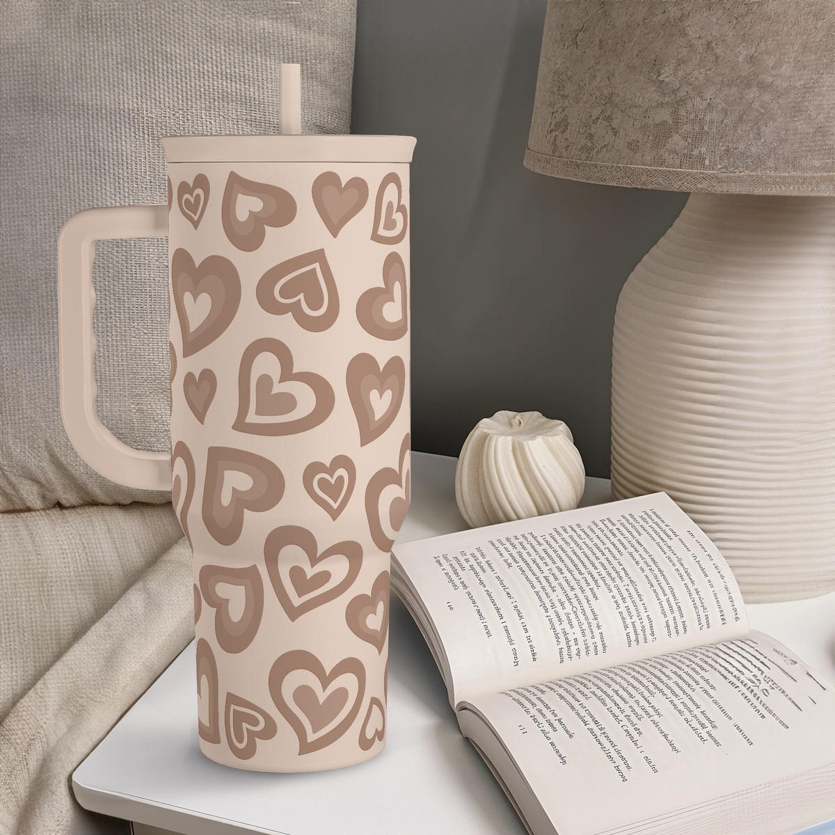 Brown heart-pattern tumbler with handle and straw
