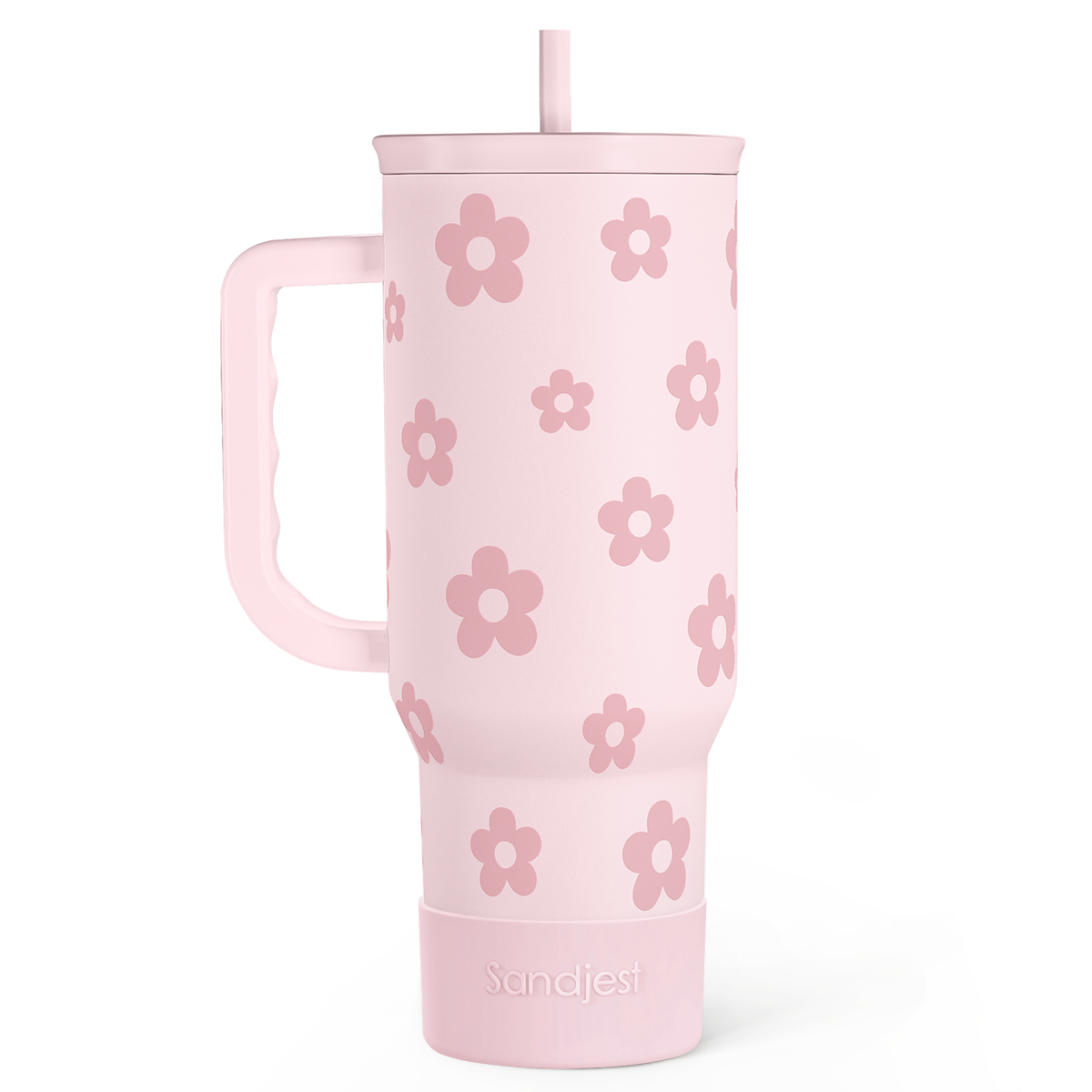 Pink floral insulated tumbler with handle and straw, slide lid
