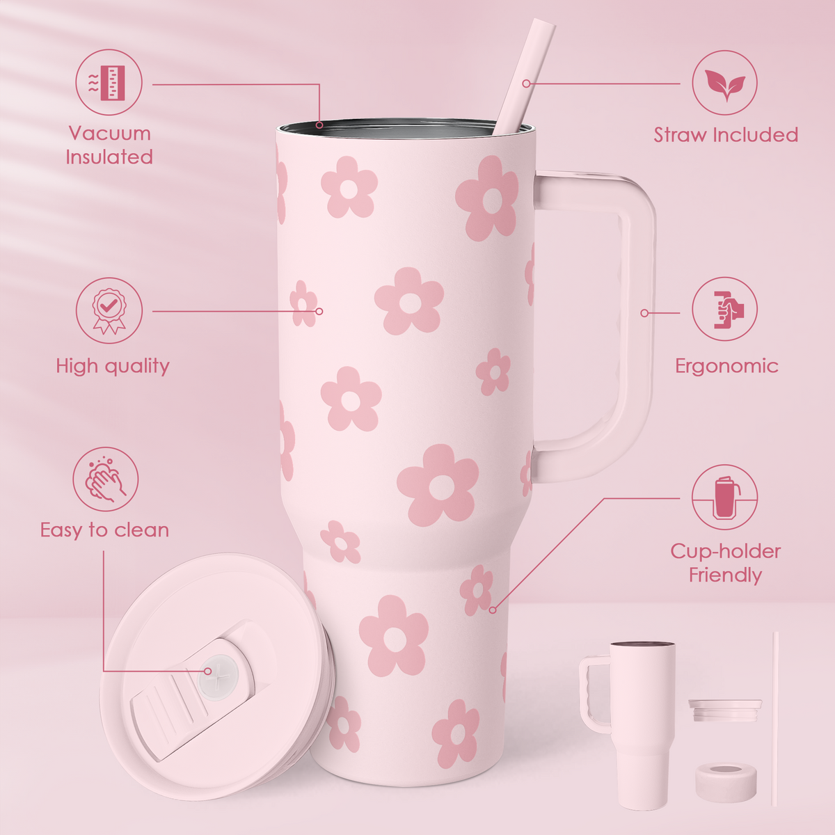 Pink floral tumbler with slide lid and straw, ergonomic handle, cup-holder friendly