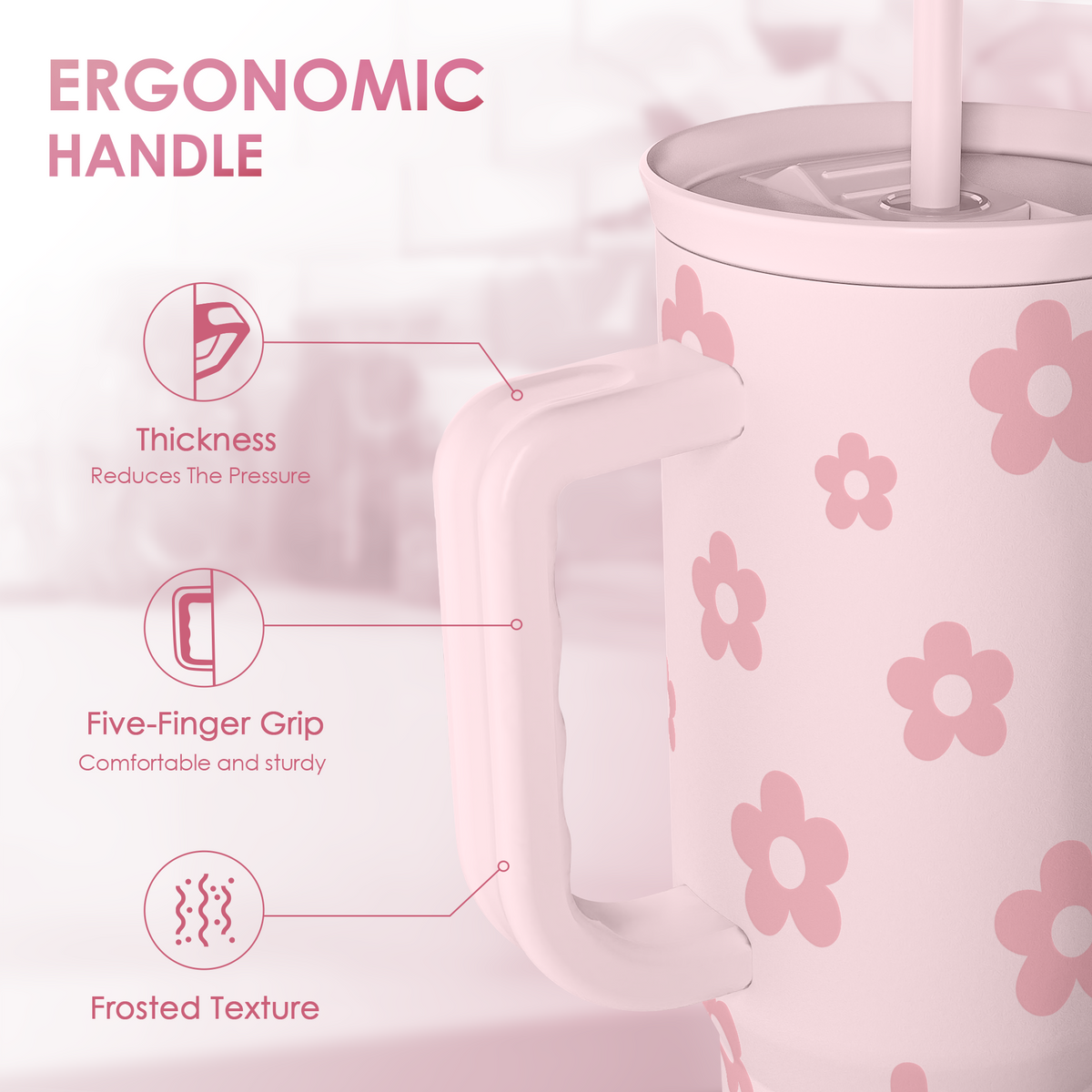 Pink tumbler with curved ergonomic handle and frosted textured grip