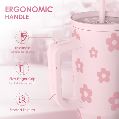 Pink tumbler with curved ergonomic handle and frosted textured grip