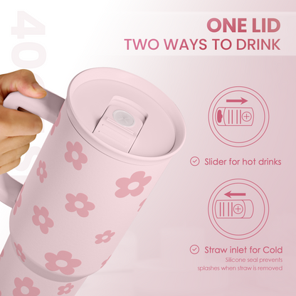 Pink floral tumbler with slider lid showing straw inlet and drink opening