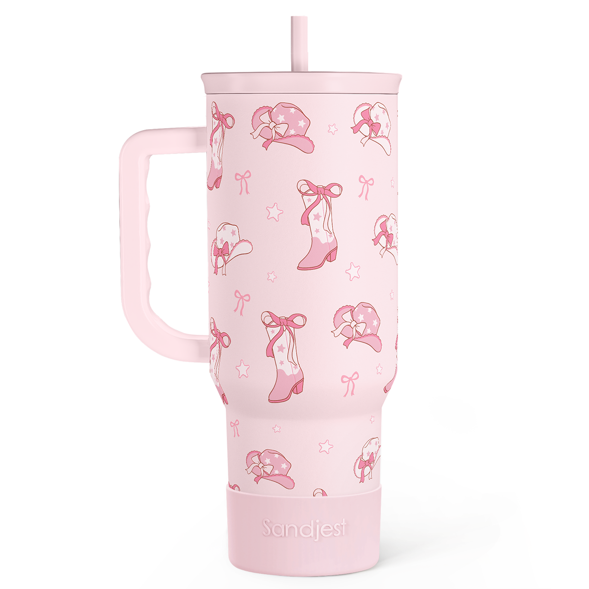 Pink 40oz cowboy tumbler with handle, straw, and pink cowgirl pattern