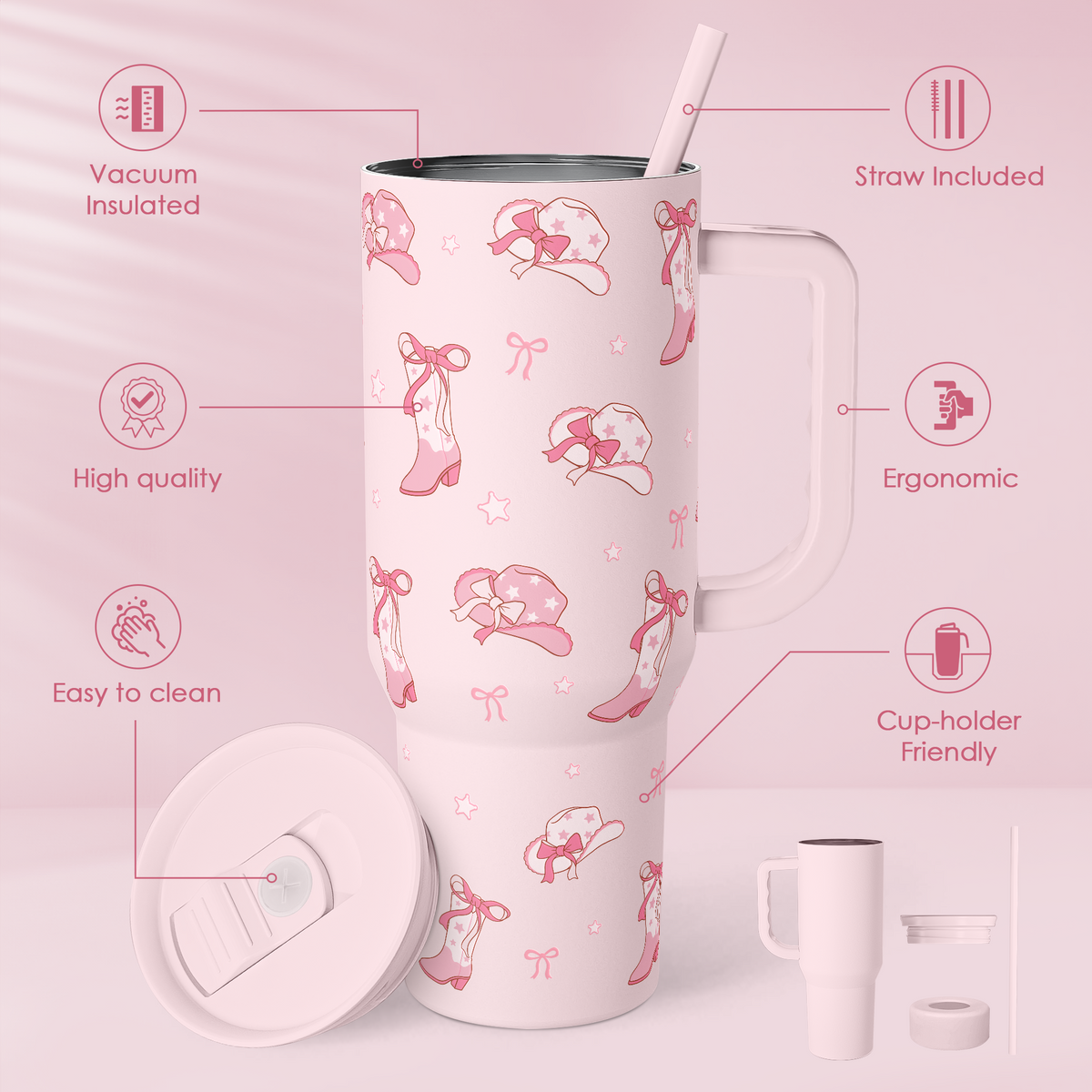 Pink 40oz tumbler with handle and straw, printed cowgirl design; includes lid parts