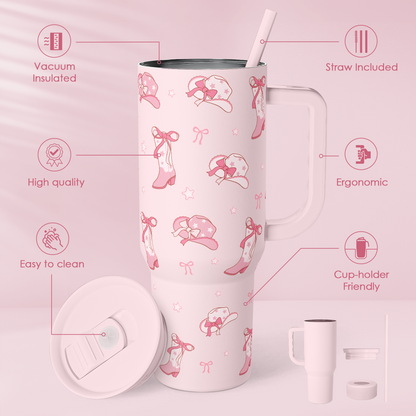 Pink 40oz tumbler with handle and straw, printed cowgirl design; includes lid parts